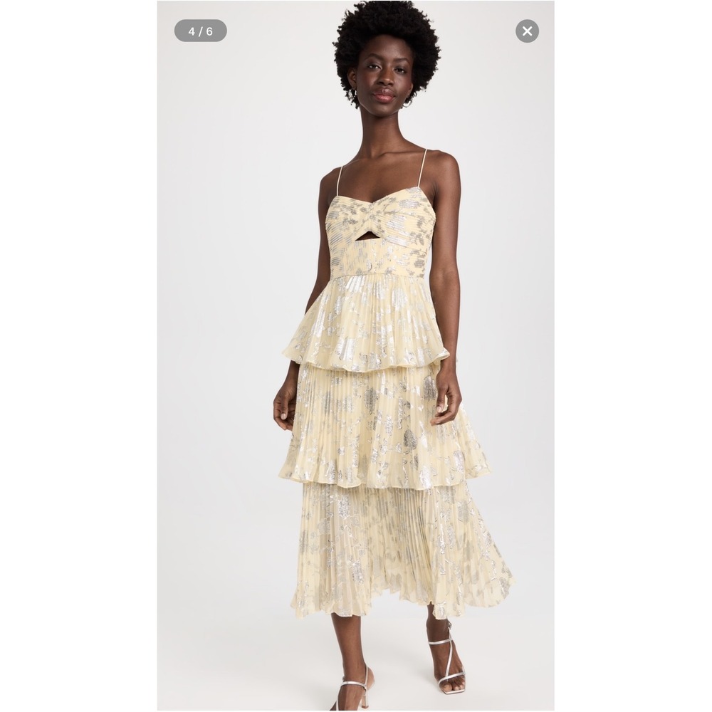 Self-Portrait Metallic Jacquard Midi Dress Yellow Silver Floral Tiered US 10